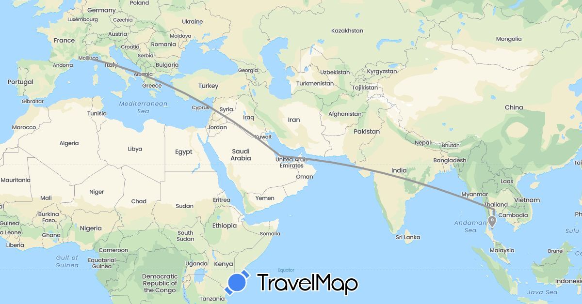 TravelMap itinerary: driving, plane in France, Qatar, Thailand (Asia, Europe)